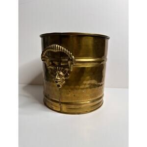 VTG Hammered Brass Planter Lion Head Handles MCM French Jardiniere Decor Round